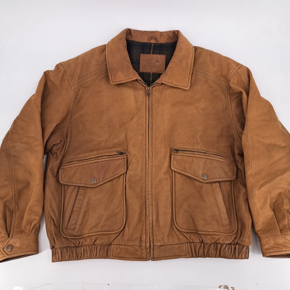 St. John's Bay Leather Bomber Jacket Mens XL Brown Genuine Leather Plaid Lined - Picture 2 of 13